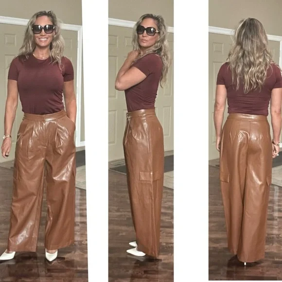 Anthropologie Twentysixhundred Brown faux leather cargo utility wide leg pants - Picture 3 of 17
